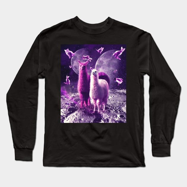 Outer Space Galaxy Cat With Llama Long Sleeve T-Shirt by Random Galaxy